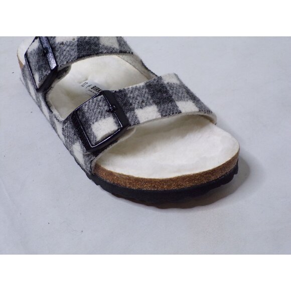 🆕BIRKENSTOCK Arizona Shearling Lined Wool Slide Sandals Black White Plaid 6-6.5 - Picture 10 of 12